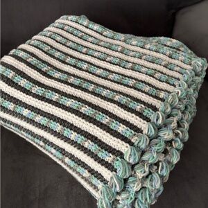 Striped Knit Blanket in Gray and Blue